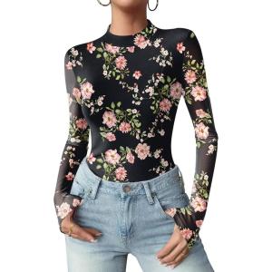 Zeagoo Womens Floral Mesh Long Sleeve Tops See Through Going Out Blouses Mock Neck Sheer Party Outfits Shirts S-XXL(Dh882)