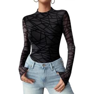 Zeagoo Womens Floral Mesh Long Sleeve Tops See Through Going Out Blouses Mock Neck Sheer Party Outfits Shirts S-XXL(Jh88)