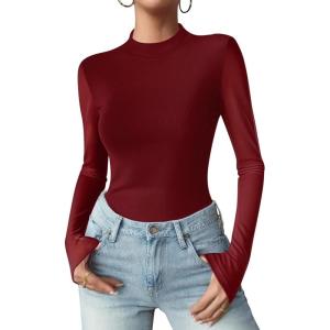 Zeagoo Womens Floral Mesh Long Sleeve Tops See Through Going Out Blouses Mock Neck Sheer Party Outfits Shirts S-XXL(Red)