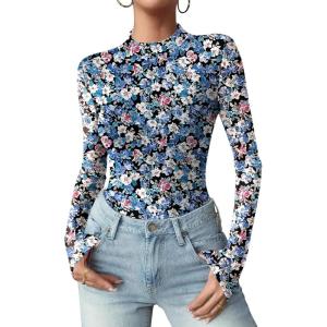 Zeagoo Womens Floral Mesh Long Sleeve Tops See Through Going Out Blouses Mock Neck Sheer Party Outfits Shirts S-XXL(Wf81)