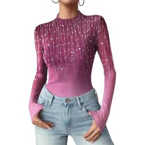Zeagoo Womens Floral Mesh Long Sleeve Tops See Through Going Out Blouses Mock Neck Sheer Party Outfits Shirts S-XXL(Xh370)
