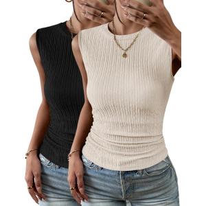 Zeagoo Women’s High Neck Tank Top 2026 Summer Casual Ribbed Knit Slim Fitted Basic Textured Sleeveless Shirts(2 Pack: Beige & Black)