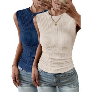 Zeagoo Women’s High Neck Tank Top 2026 Summer Casual Ribbed Knit Slim Fitted Basic Textured Sleeveless Shirts(2 Pack: Blue & Beige)