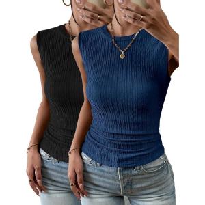 Zeagoo Women’s High Neck Tank Top 2026 Summer Casual Ribbed Knit Slim Fitted Basic Textured Sleeveless Shirts(2 Pack: Blue & Black)