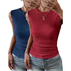 Zeagoo Women’s High Neck Tank Top 2026 Summer Casual Ribbed Knit Slim Fitted Basic Textured Sleeveless Shirts(2 Pack: Blue & Red)