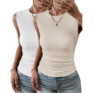 Zeagoo Women’s High Neck Tank Top 2026 Summer Casual Ribbed Knit Slim Fitted Basic Textured Sleeveless Shirts(2 Pack: White & Beige)