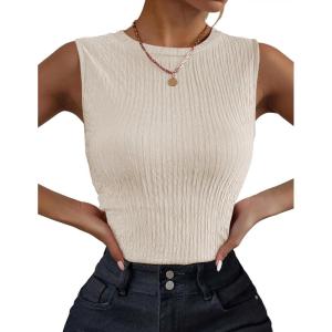 Zeagoo Women’s High Neck Tank Top 2026 Summer Casual Ribbed Knit Slim Fitted Basic Textured Sleeveless Shirts(Beige)