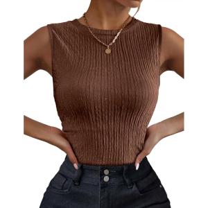 Zeagoo Women’s High Neck Tank Top 2026 Summer Casual Ribbed Knit Slim Fitted Basic Textured Sleeveless Shirts(Brown)