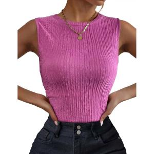 Zeagoo Women’s High Neck Tank Top 2026 Summer Casual Ribbed Knit Slim Fitted Basic Textured Sleeveless Shirts(Hot Pink)