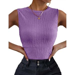 Zeagoo Women’s High Neck Tank Top 2026 Summer Casual Ribbed Knit Slim Fitted Basic Textured Sleeveless Shirts(Z-purple)