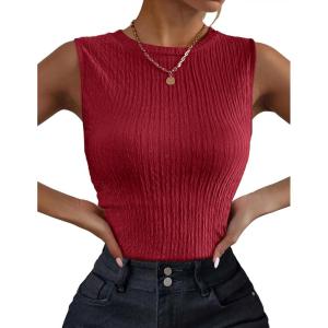 Zeagoo Women’s High Neck Tank Top 2026 Summer Casual Ribbed Knit Slim Fitted Basic Textured Sleeveless Shirts(Z-red)
