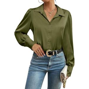Zeagoo Womens Satin Blouse Lantern Long Sleeve Silk Button Down Shirt Dressy Casual Business Work Tunic Tops(Army Green)