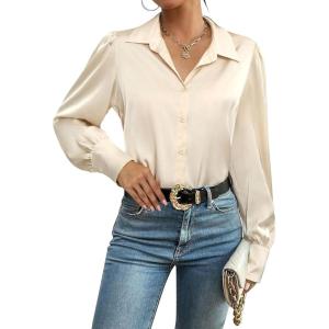 Zeagoo Womens Satin Blouse Lantern Long Sleeve Silk Button Down Shirt Dressy Casual Business Work Tunic Tops(Beige)