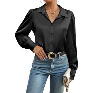 Zeagoo Womens Satin Blouse Lantern Long Sleeve Silk Button Down Shirt Dressy Casual Business Work Tunic Tops(Black)