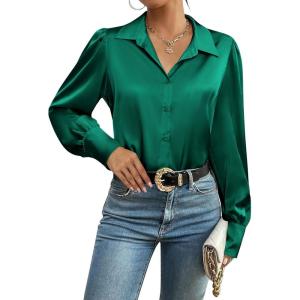 Zeagoo Womens Satin Blouse Lantern Long Sleeve Silk Button Down Shirt Dressy Casual Business Work Tunic Tops(Green)