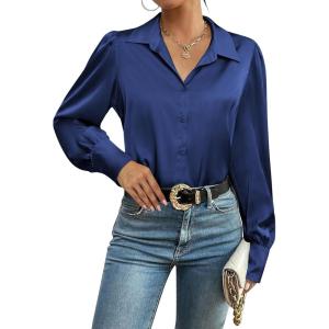 Zeagoo Womens Satin Blouse Lantern Long Sleeve Silk Button Down Shirt Dressy Casual Business Work Tunic Tops(Navy Blue)