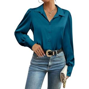 Zeagoo Womens Satin Blouse Lantern Long Sleeve Silk Button Down Shirt Dressy Casual Business Work Tunic Tops(Peacock Blue)