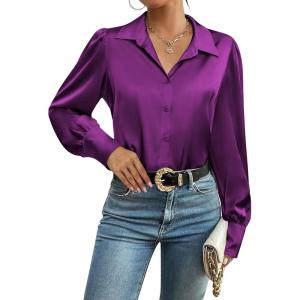 Zeagoo Womens Satin Blouse Lantern Long Sleeve Silk Button Down Shirt Dressy Casual Business Work Tunic Tops(Purple)