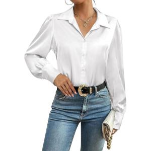 Zeagoo Womens Satin Blouse Lantern Long Sleeve Silk Button Down Shirt Dressy Casual Business Work Tunic Tops(White)