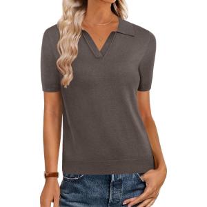 Zeagoo Women’s Short Sleeve Polo Sweater V Neck Knitted Spring Casual Work Tops Loose Pullover Shirt(Brown)