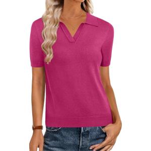 Zeagoo Women’s Short Sleeve Polo Sweater V Neck Knitted Spring Casual Work Tops Loose Pullover Shirt(Hot Pink)