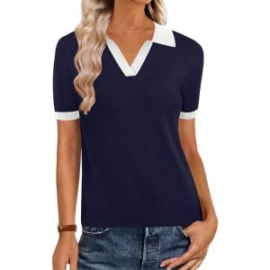 Zeagoo Women’s Short Sleeve Polo Sweater V Neck Knitted Spring Casual Work Tops Loose Pullover Shirt(Navy White)