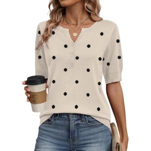 Zeagoo Women’s Short Sleeve Sweater 2026 Spring Summer Tops Lightweight Casual V Neck Sweaters Dressy Work Blouses Clothes(A- Polka Dot-khaki)