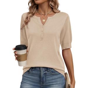 Zeagoo Women’s Short Sleeve Sweater 2026 Spring Summer Tops Lightweight Casual V Neck Sweaters Dressy Work Blouses Clothes(Apricot)