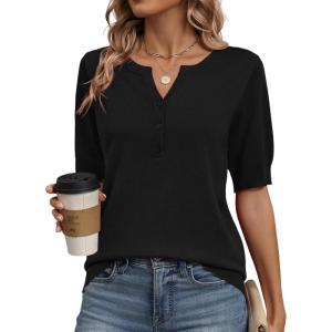 Zeagoo Women’s Short Sleeve Sweater 2026 Spring Summer Tops Lightweight Casual V Neck Sweaters Dressy Work Blouses Clothes(Black)
