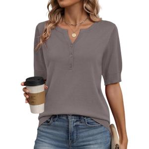 Zeagoo Women’s Short Sleeve Sweater 2026 Spring Summer Tops Lightweight Casual V Neck Sweaters Dressy Work Blouses Clothes(Camel)