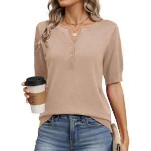 Zeagoo Women’s Short Sleeve Sweater 2026 Spring Summer Tops Lightweight Casual V Neck Sweaters Dressy Work Blouses Clothes(Khaki)