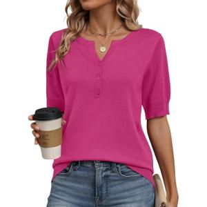 Zeagoo Women’s Short Sleeve Sweater 2026 Spring Summer Tops Lightweight Casual V Neck Sweaters Dressy Work Blouses Clothes(Rose Red)