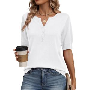 Zeagoo Women’s Short Sleeve Sweater 2026 Spring Summer Tops Lightweight Casual V Neck Sweaters Dressy Work Blouses Clothes(White)