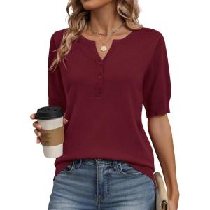 Zeagoo Women’s Short Sleeve Sweater 2026 Spring Summer Tops Lightweight Casual V Neck Sweaters Dressy Work Blouses Clothes(Wine Red)