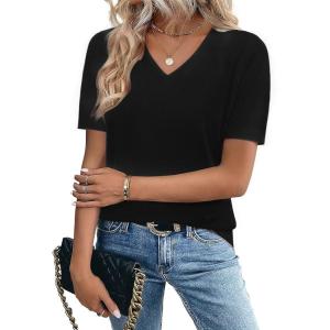 Zeagoo Womens Short Sleeve Sweaters 2026 Summer Lightweight V Neck Pullover Tops Dressy Business Casual Blouses Clothes(Black)