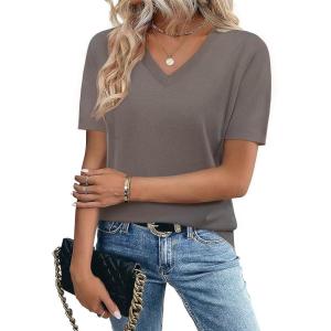 Zeagoo Womens Short Sleeve Sweaters 2026 Summer Lightweight V Neck Pullover Tops Dressy Business Casual Blouses Clothes(Coffee)