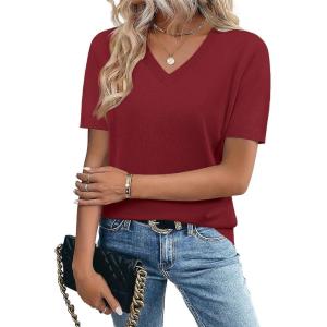Zeagoo Womens Short Sleeve Sweaters 2026 Summer Lightweight V Neck Pullover Tops Dressy Business Casual Blouses Clothes(Wine Red)