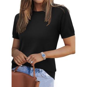 Zeagoo Womens Summer Short Sleeve Tops Crew Neck Lightweight Pullover Sweaters Loose Dressy Casual Blouse Basic Clothes(Black)