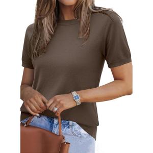 Zeagoo Womens Summer Short Sleeve Tops Crew Neck Lightweight Pullover Sweaters Loose Dressy Casual Blouse Basic Clothes(Camel)