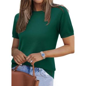 Zeagoo Womens Summer Short Sleeve Tops Crew Neck Lightweight Pullover Sweaters Loose Dressy Casual Blouse Basic Clothes(Grass Green)