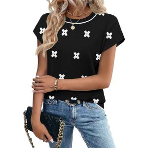 Zeagoo Womens Summer Short Sleeve Tops Crew Neck Pullover Sweaters Cap Sleeve Loose Dressy Casual Blouse Basic Clothes(White Floral-black Jh454)