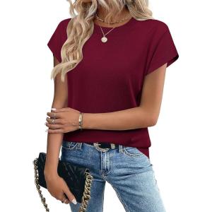 Zeagoo Womens Summer Short Sleeve Tops Crew Neck Pullover Sweaters Cap Sleeve Loose Dressy Casual Blouse Basic Clothes(Wine Red)