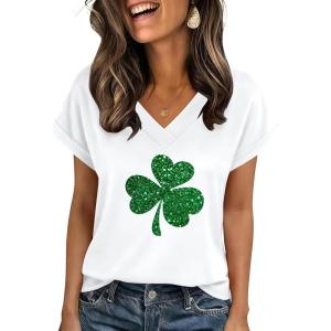 Zeagoo Womens Summer Tops Rolled Short Sleeve V Neck Shirts Casual Dressy Business Work Blouses Outfits(Clover Print-sp139)