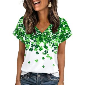 Zeagoo Womens Summer Tops Rolled Short Sleeve V Neck Shirts Casual Dressy Business Work Blouses Outfits(Lucky Clover-sp77)