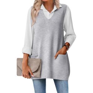 Zeagoo Women’s Sweater Vest 2026 Oversized Sleeveless V Neck Pullovers with Pocket Knitted Fall Outfits(Grey)
