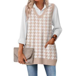 Zeagoo Women’s Sweater Vest 2026 Oversized Sleeveless V Neck Pullovers with Pocket Knitted Fall Outfits(Khaki Houndstooth)