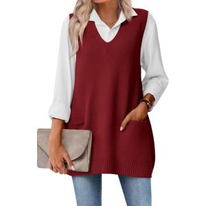 Zeagoo Women’s Sweater Vest 2026 Oversized Sleeveless V Neck Pullovers with Pocket Knitted Fall Outfits(Wine Red)