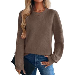 Zeagoo Womens Sweaters 2026 Fashion Fall Tops Crew Neck Long Sleeve Knit Pullover Sweater S-XXL(Brown)