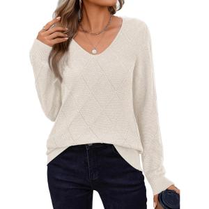 Zeagoo Womens Sweaters Fall 2026 Long Sleeve Knit Pullover V Neck Lightweight Crochet Sweater Tops Dressy Casual(Beige)