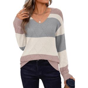 Zeagoo Womens Sweaters Fall 2026 Long Sleeve Knit Pullover V Neck Lightweight Crochet Sweater Tops Dressy Casual(Colorblock Jh537)